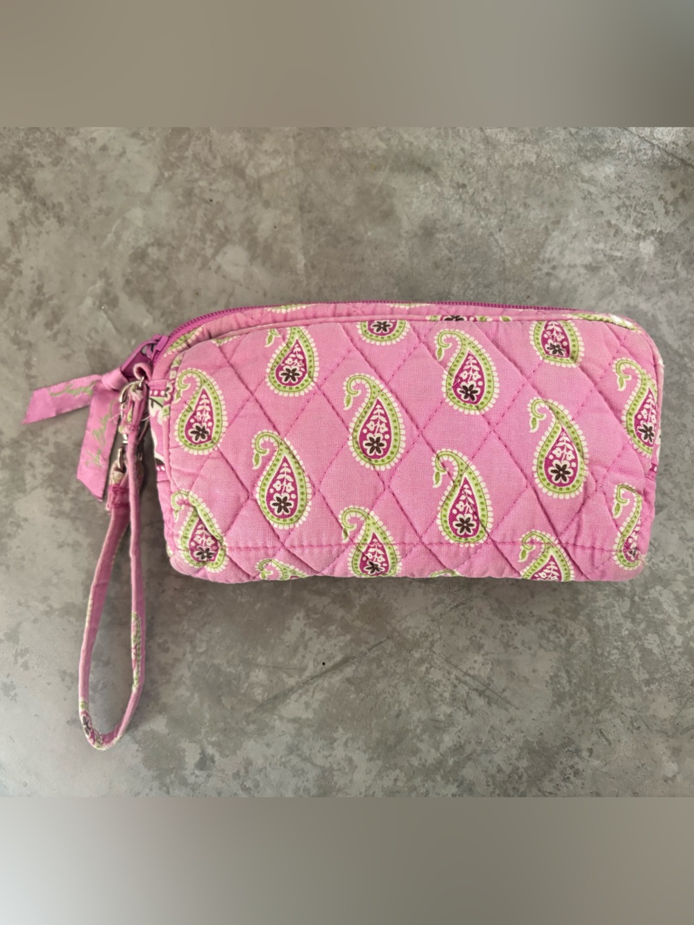 Vera Bradley wristlet in a retired pink and green Bermuda paisley pattern